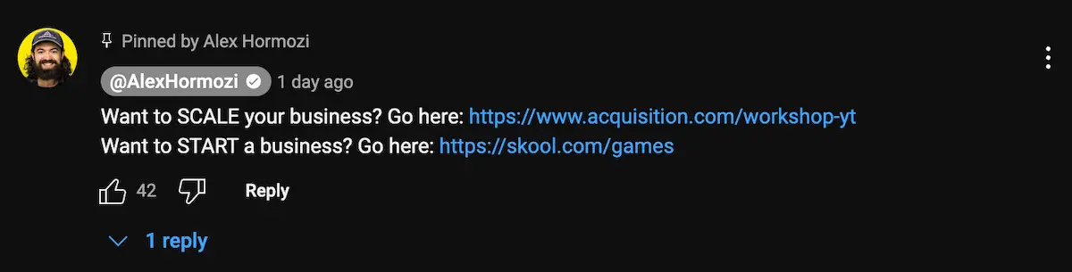 youtube pinned comment example